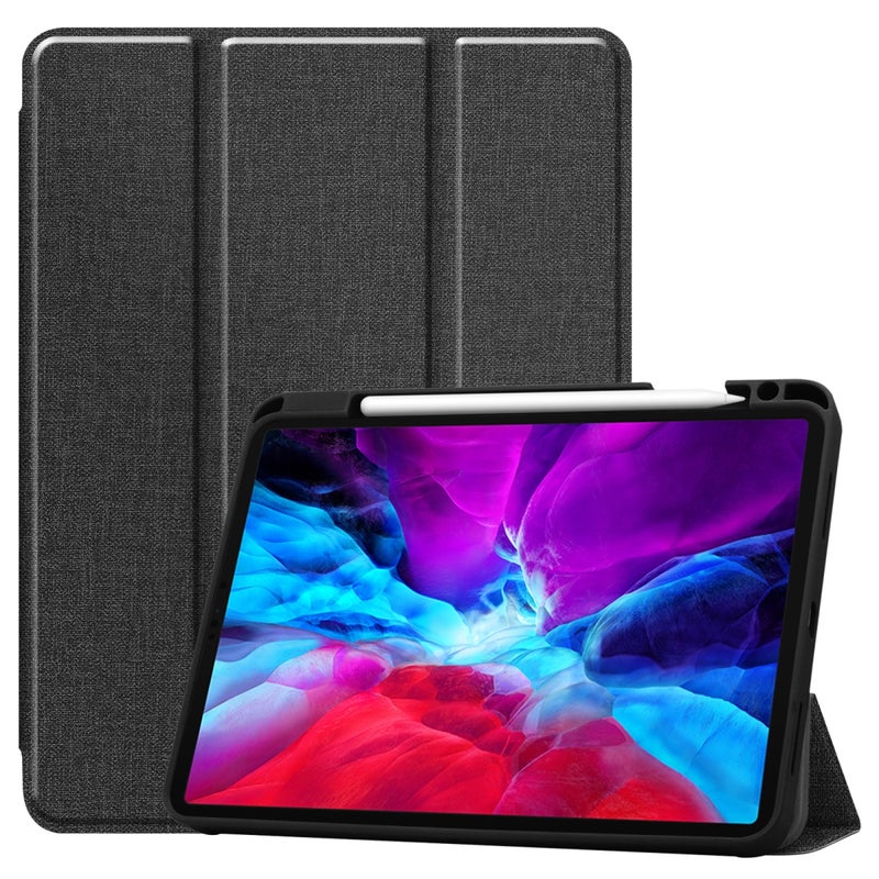 erorex For Ipad Pro 12.9 Inch 2020 Fabric Denim Tpu Smart Tablet Leather Tablet Case With Sleep Function & Tri-Fold Bracket & Pen Slot(Black) - Image 1