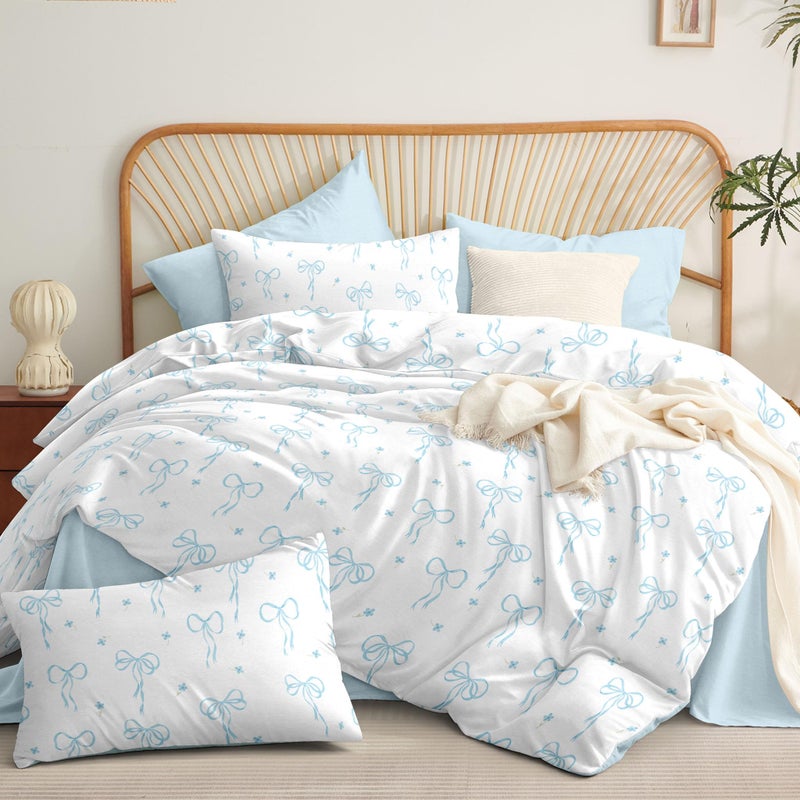 Bildenly Comforter Set Full Size White - Light Blue Bow Quilt Bedding Set 3 Pieces, Comforter Set Full, Soft & Lightweight Comforter(79‘’ x 90‘’) for Girl All Season & 2 Pillow Cases(30‘’x20‘’) - Image 1