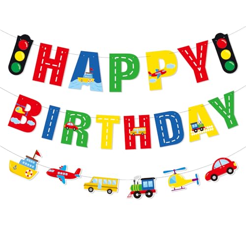 Faisichocalato Transportation Happy Birthday Banner Car Bus Train Plane Ship Helicopter Traffic Light Photo Props Garland for Kids Transportation Theme Birthday Party Decorations Baby Shower Supplies - Image 1