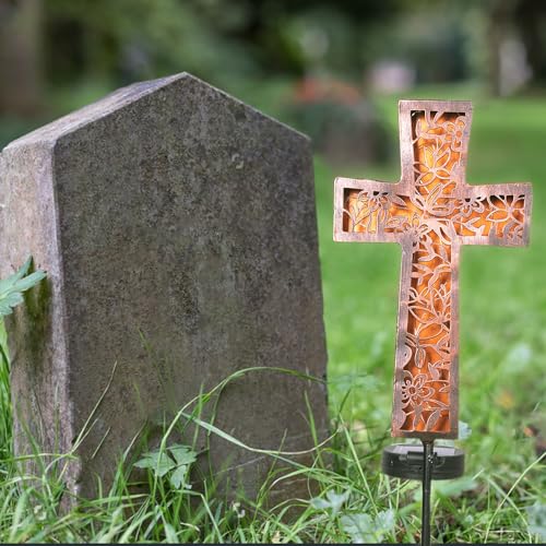 HUYIENO Solar Cross Garden Stake Lights 38inch Metal Outdoor Waterproof Memorial Garden Decor 2 Lighting Modes Cemetery Decorations for Grave for Remembrance Gifts & Sympathy Gifts - Image 2