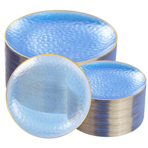 Rubtlamp 100Pcs Blue Gold Plastic Plates, Blue Disposable Plates With Gold Rim, Hammered Plastic Plates Include 50 Dessert Platos, 50 Dinner Platos for Party - Image 1