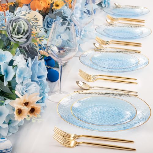 Rubtlamp 100Pcs Blue Gold Plastic Plates, Blue Disposable Plates With Gold Rim, Hammered Plastic Plates Include 50 Dessert Platos, 50 Dinner Platos for Party - Image 5