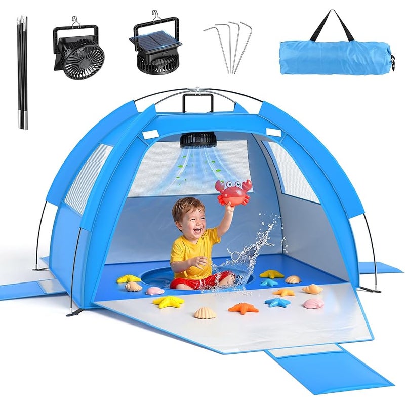 Dsquu Baby Beach Tent Solar Cooling Fan, Anti-UV Toddler Beach Tent Sun Shelter Portable Travel Fan Beach Shade Tent, Baby Play Tent Built-in Ceiling Fan Sun Shelters Toddler Beach Essentials - Image 1