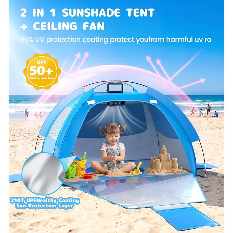Dsquu Baby Beach Tent Solar Cooling Fan, Anti-UV Toddler Beach Tent Sun Shelter Portable Travel Fan Beach Shade Tent, Baby Play Tent Built-in Ceiling Fan Sun Shelters Toddler Beach Essentials - Image 2