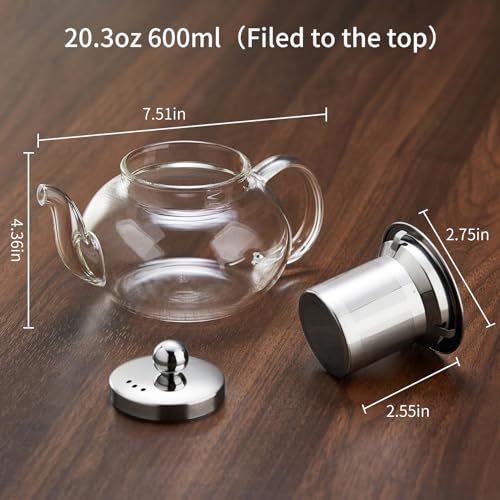 DOPUDO Glass Teapot with Removable Infuser, 20 oz/600ml Glass Tea Pot Small Borosilicate Tea Steeper Kettle with Loose Leaf Tea Strainer For Flower Blooming Tea, ClearTea Maker Pitcher - Image 3