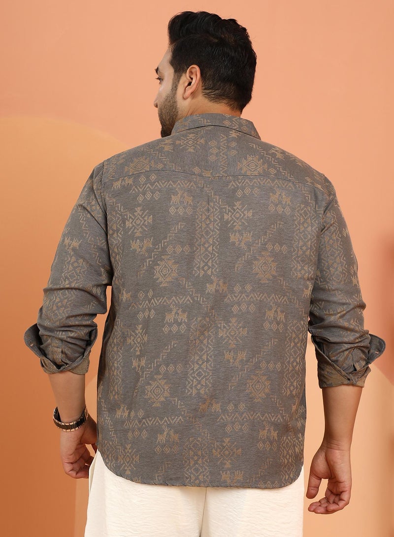 Instafab Plus Men's Moon Grey Ethnic-Motif Woven Shirt For Casual Wear | Spread Collar | Long Cuffed Sleeves | Button Closure | Plus Size Shirt Crafted With Comfort Fit For Everyday Wear - Image 5
