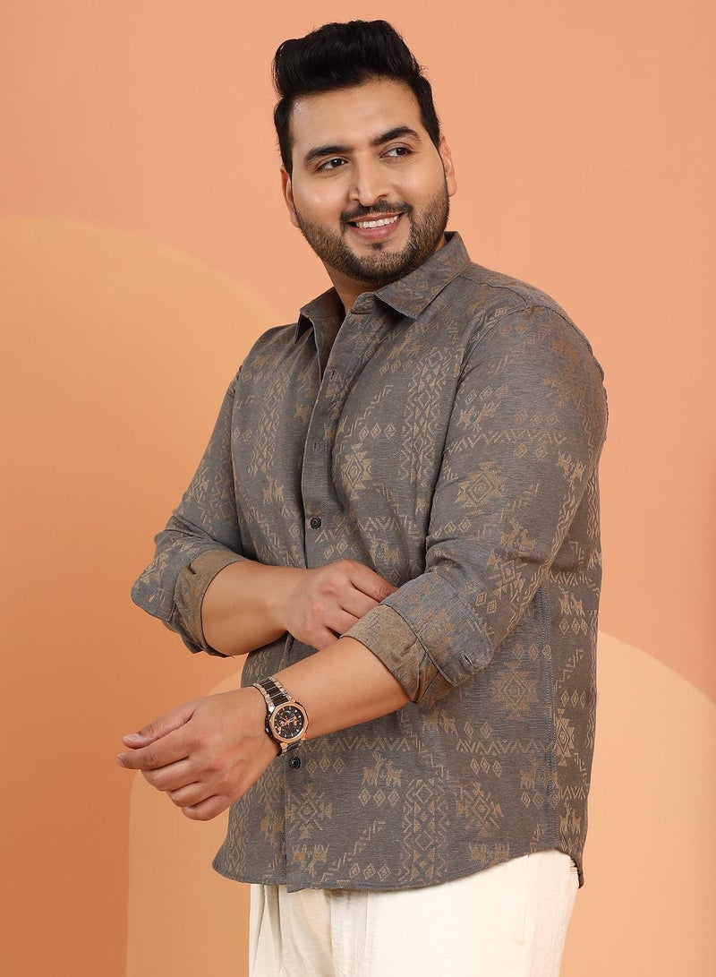 Instafab Plus Men's Moon Grey Ethnic-Motif Woven Shirt For Casual Wear | Spread Collar | Long Cuffed Sleeves | Button Closure | Plus Size Shirt Crafted With Comfort Fit For Everyday Wear - Image 3