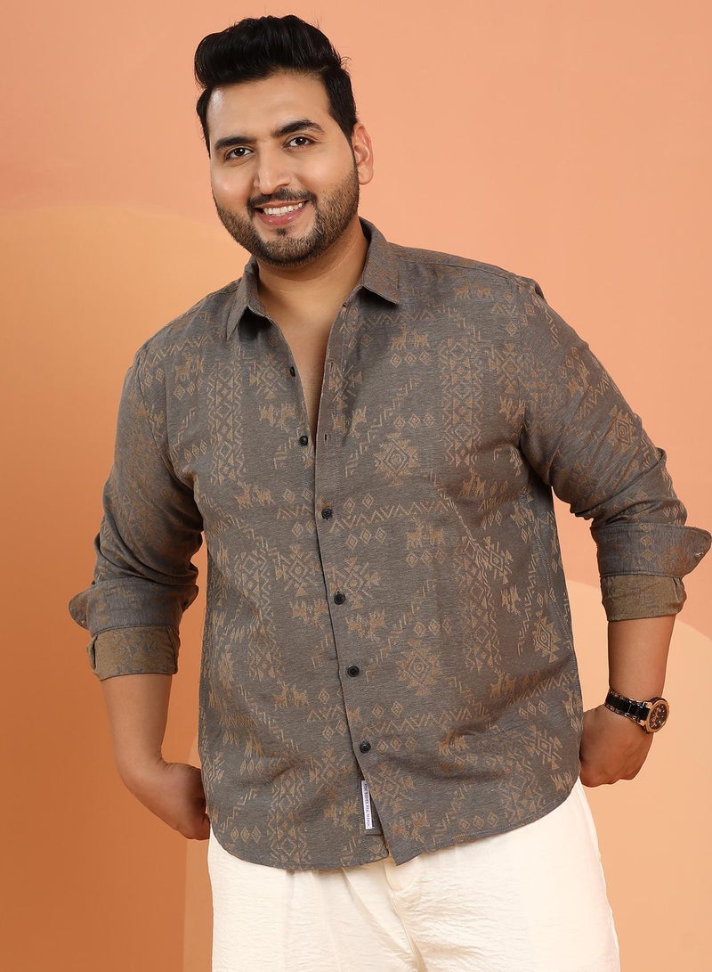 Instafab Plus Men's Moon Grey Ethnic-Motif Woven Shirt For Casual Wear | Spread Collar | Long Cuffed Sleeves | Button Closure | Plus Size Shirt Crafted With Comfort Fit For Everyday Wear - Image 1