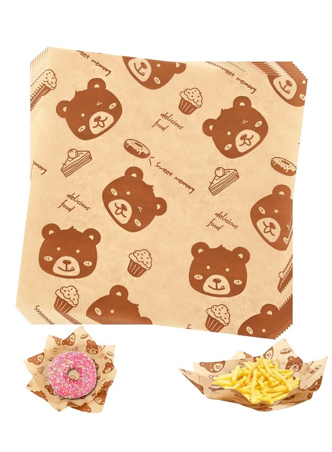 100 Pcs Little Bear Wax Paper Sheets for Food Deli Paper Waterproof Sandwich Wrapping paper Greaseproof Food Basket Liners for Picnic Party Kitchen Supplies - Image 1