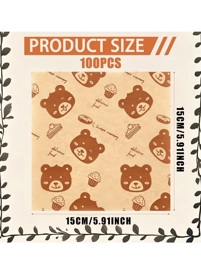 100 Pcs Little Bear Wax Paper Sheets for Food Deli Paper Waterproof Sandwich Wrapping paper Greaseproof Food Basket Liners for Picnic Party Kitchen Supplies - Image 2