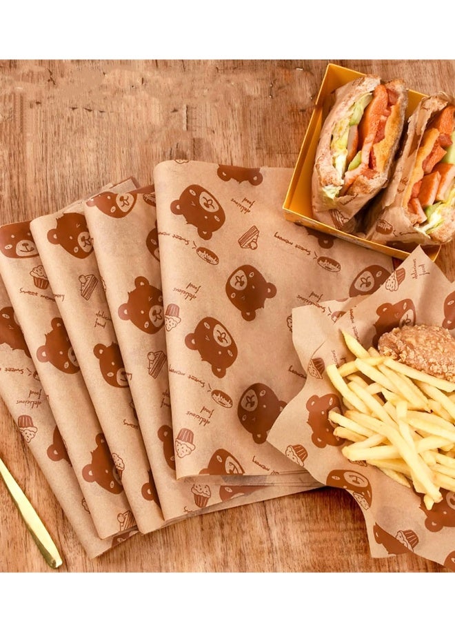 100 Pcs Little Bear Wax Paper Sheets for Food Deli Paper Waterproof Sandwich Wrapping paper Greaseproof Food Basket Liners for Picnic Party Kitchen Supplies - Image 3