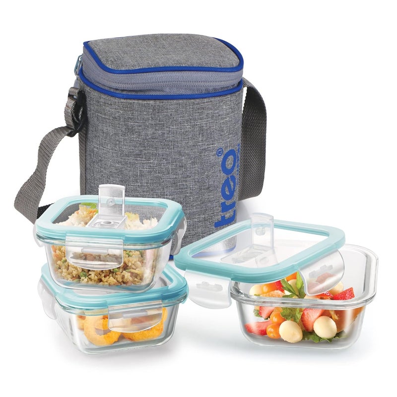 TREO by Milton All Fresh Square Glass Lunch Box Set of 3, Clear, 320ml Each, with Lunch Bag, Microwave & Dishwasher Safe, Leak Proof Containers, Borosilicate Glass, Office Tiffin, Grey - Image 1