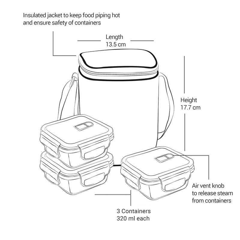 TREO by Milton All Fresh Square Glass Lunch Box Set of 3, Clear, 320ml Each, with Lunch Bag, Microwave & Dishwasher Safe, Leak Proof Containers, Borosilicate Glass, Office Tiffin, Grey - Image 5