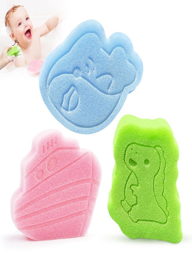 DANCELF Baby Bath Sponge, Natural Cute Shapes Soft Shower Sponges for Bathing, Bathtub Foam for Infants and Toddler, 3pcs : Blue Whale, Pink Ship, Green Dinosaur - Image 1