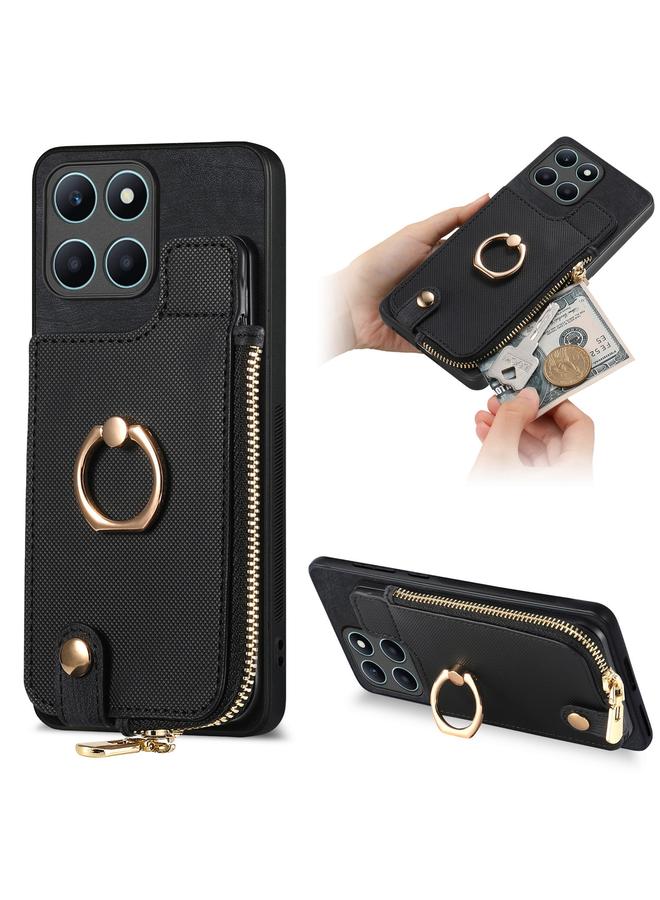 زبون جراب خلفي لهاتف Honor X6a من الجلد المتقاطع مع حلقة عمودية وسحاب - Image 1