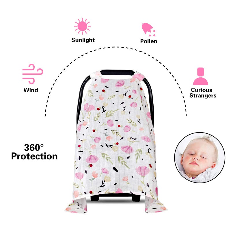 Metplus Muslin Baby Car Seat Canopy, Metplus Infant Carseat Cover - Extra Wide Universal Fit, Lightweight Breathable Soft for Babies Girls Shower Gift (Purple Flower) - Image 2