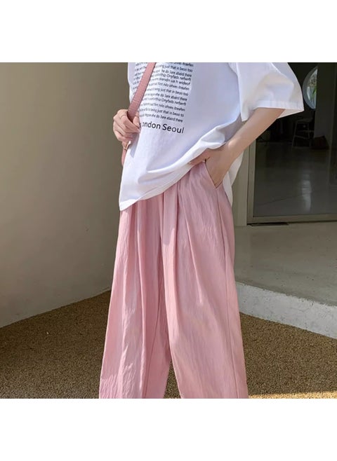 Summer Linen Cotton Wide-Leg Pants Womens Casual Pink small style