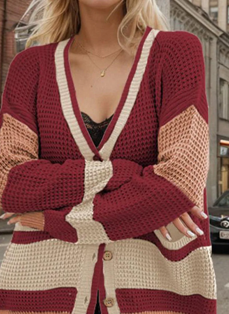 YUNIQEE Red  Striped V-Neck Cardigan