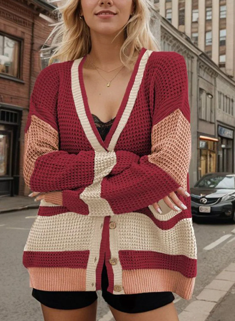 YUNIQEE Red  Striped V-Neck Cardigan