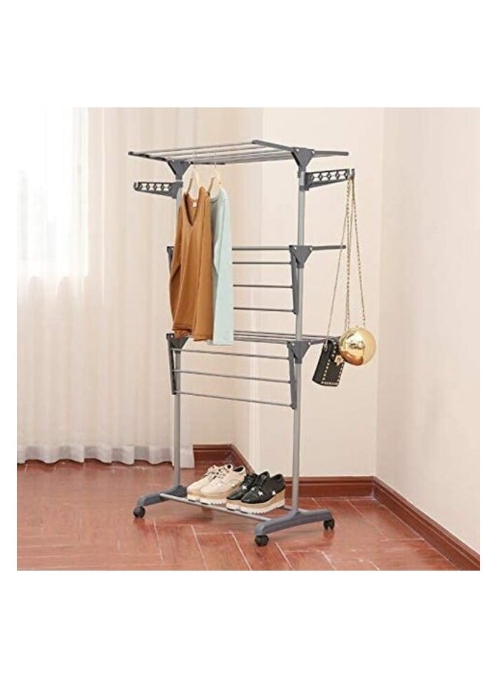 راكسوم رف تجفيف الملابس، شماعة ملابس مجففة دوارة من 3 طبقات، رف غسيل الملابس قابل للطي مع أجنحة قابلة للطي وعجلات داخلية/خارجية، رف قائم كبير وقضبان تعليق من الفولاذ المقاوم للصدأ (رمادي) - Image 1