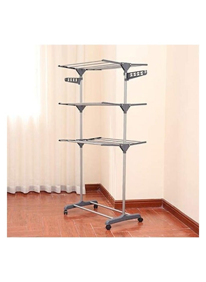 راكسوم رف تجفيف الملابس، شماعة ملابس مجففة دوارة من 3 طبقات، رف غسيل الملابس قابل للطي مع أجنحة قابلة للطي وعجلات داخلية/خارجية، رف قائم كبير وقضبان تعليق من الفولاذ المقاوم للصدأ (رمادي) - Image 2