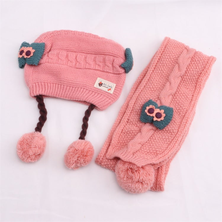 New Baby Knit Hat with Braids Winter Thickened Cap Leather pink + scarf 