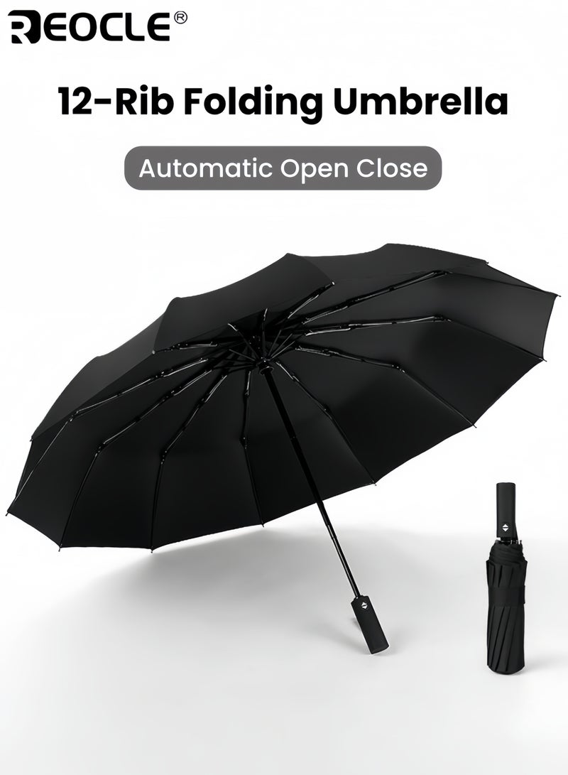 REOCLE 12-Rib Automatic Open Close Folding Umbrella Windproof Compact Travel Umbrella Stylish Foldable Umbrella Lightweight Durable Water Resistant Quick Drying Suitable for Daily Use Outdoor Activities - Image 1