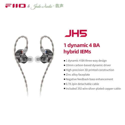 FiiO/JadeAudio JH5 1DD+4BA Hybrid 5 Drivers HiFi in-Ear Monitors Earphone, Detachable 0.78mm 2 Pin Cable 3.5mm Plug for Audiophile/Musician (Black) - Image 2