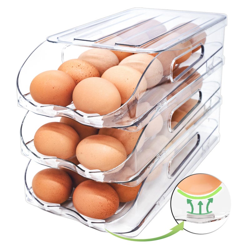 SMRCAD Egg Holder for Fridge, Automatic Steady Rolling Egg Container with Soft Bumpers & Handle for Refrigerator, Stackable Fridge Organizers and Storage with Lid - Image 1