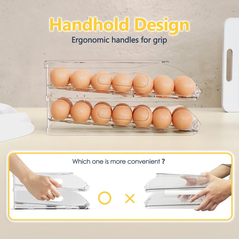 SMRCAD Egg Holder for Fridge, Automatic Steady Rolling Egg Container with Soft Bumpers & Handle for Refrigerator, Stackable Fridge Organizers and Storage with Lid - Image 5