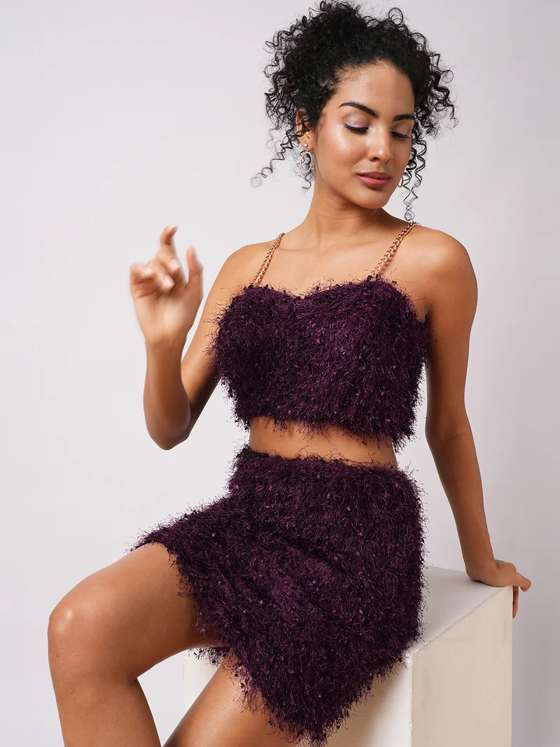 globus Globus Women Burgundy Self Design Chain Shoulder Straps Faux Fur Crop Top With Mini Skirt