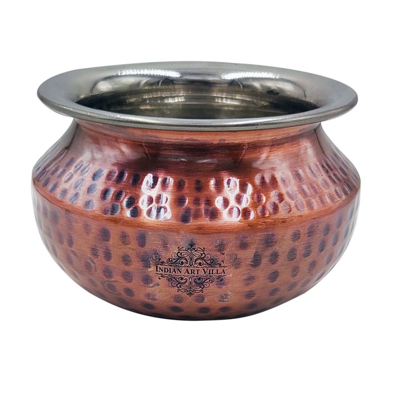 Indian Art Villa Steel Copper Hammered Design Antique Dark Tone Punjabi Handi, Tableware & Serveware Item for Home, Hotel & Restaurants, Volume-450 ml - Image 1