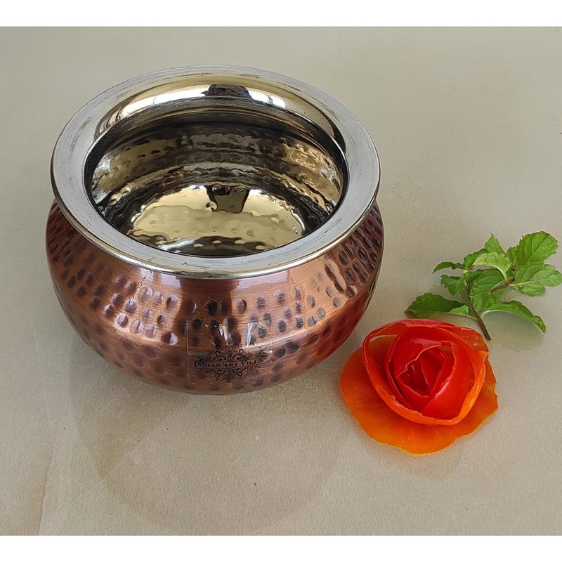 Indian Art Villa Steel Copper Hammered Design Antique Dark Tone Punjabi Handi, Tableware & Serveware Item for Home, Hotel & Restaurants, Volume-450 ml - Image 3
