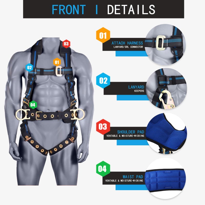 FHFallArrest Safety Harness Fall Protection Kit,5pt Full-Body Roofing harness with Support Waist Pad,Vented & Padded Shoulder For Construction(XL/2XL) - Image 3