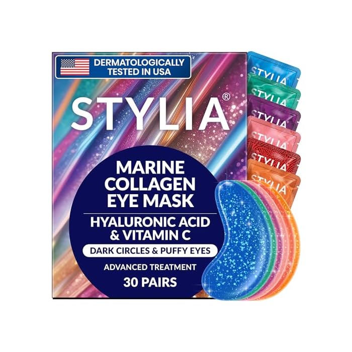 Stylia Collagen & Vitamin C Under Eye Patches for Puffy Eyes & Dark Circles - Depuffing, Hydrating & Firming Under Eye Mask with Hyaluronic Acid - Stocking Stuffers for Teen Girls, Vegan (30 Pairs)