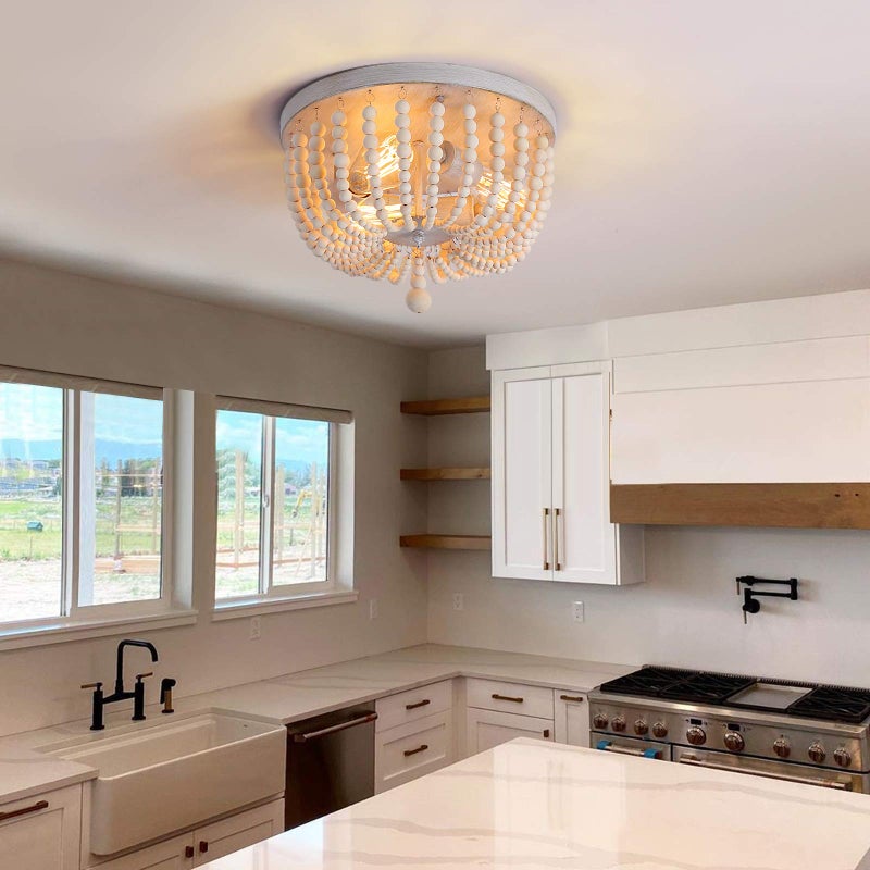 QS Q&S Wood Beaded Chandelier,Boho Farmhouse Light Fixture,Oak White,3 Lights,Semi Flush Mount Ceiling Light Fixtures for Hallway Baby's Nursery Bedroom Kitchen Living Room - Image 4