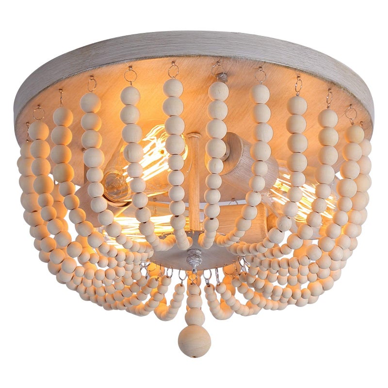 QS Q&S Wood Beaded Chandelier,Boho Farmhouse Light Fixture,Oak White,3 Lights,Semi Flush Mount Ceiling Light Fixtures for Hallway Baby's Nursery Bedroom Kitchen Living Room - Image 1