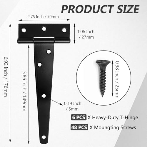 Murtenze Heavy Duty TStrap Hinge Shed Door Hinges Gate Hinges Black Tee Hinge Wrought Hardware for Wooden Fences Yard Rustproof 6 pcs 6 Inch - Image 3
