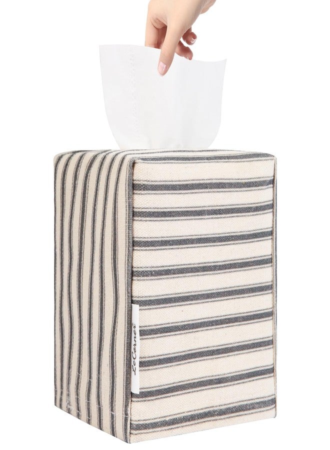 LeCorner Tissue Box Cover, Fabric Tissue Box Holder Square, Stylish Toilet Paper Storage, Modern Bathroom Counter Organizer Decorations Accessories,Ticking Stripe 5''x5''x5'' (Pastel Grey) - Image 1