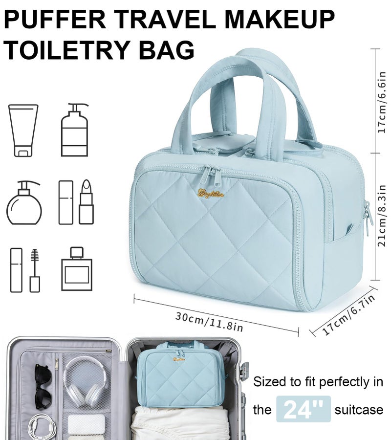 Bagstellar Travel Toiletry Bag, Large Wide-open Puffy Toiletry Bag for Women, Lightweight Quilted Makeup Bag Cosmetic Organizer with Handle Water-resistant Travel Essentials for Toiletries Accessories Light Blue - Image 2