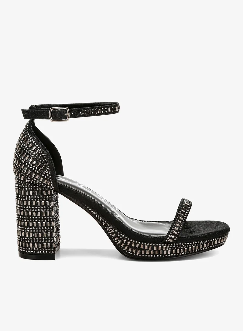 Rhinestones Embellished Block Sandals in Black