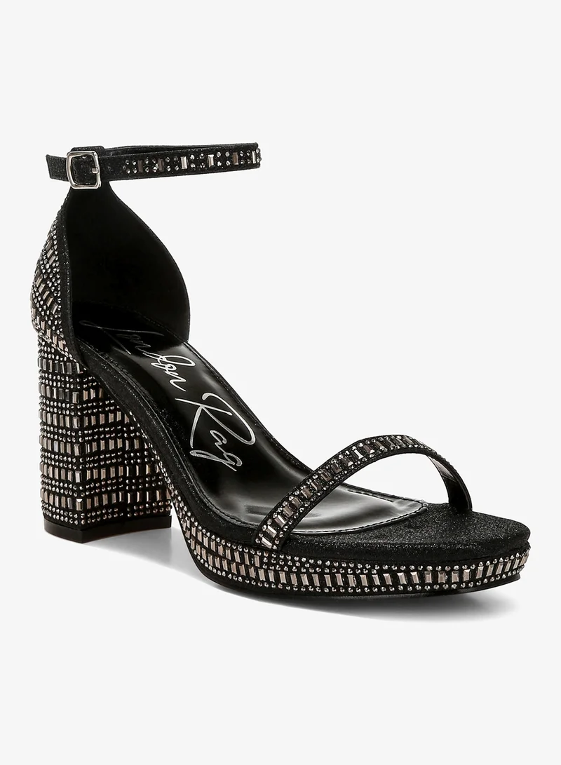 London Rag Rhinestones Embellished Block Sandals in Black