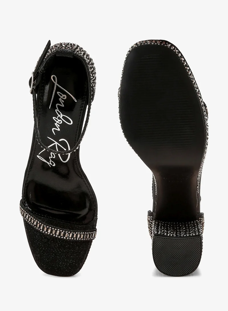 London Rag Black Rhinestones Embellished Block Sandals in Black for Women | Best Price UAE