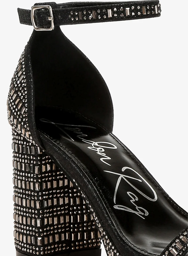 London Rag Black Rhinestones Embellished Block Sandals in Black for Women | Best Price UAE
