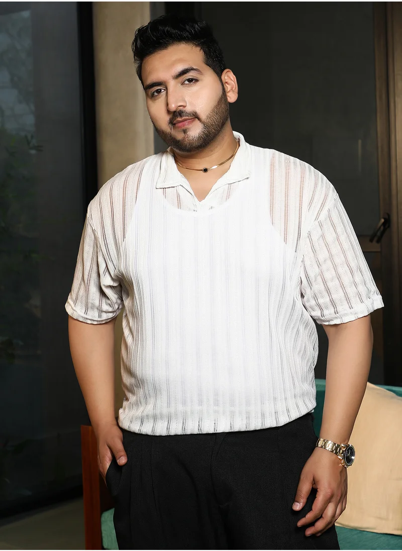 انستافاب بلس Instafab Plus Men's Off-White Duo-Striped Relaxed Polo T-Shirt For Casual Wear | Polo Neck | Short Cuffed Sleeves | Pull On Closure | Plus Size T-Shirt Crafted With Comfort Fit For Everyday Wear