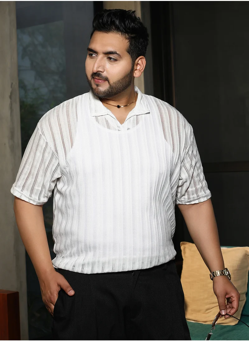 انستافاب بلس Instafab Plus Men's Off-White Duo-Striped Relaxed Polo T-Shirt For Casual Wear | Polo Neck | Short Cuffed Sleeves | Pull On Closure | Plus Size T-Shirt Crafted With Comfort Fit For Everyday Wear