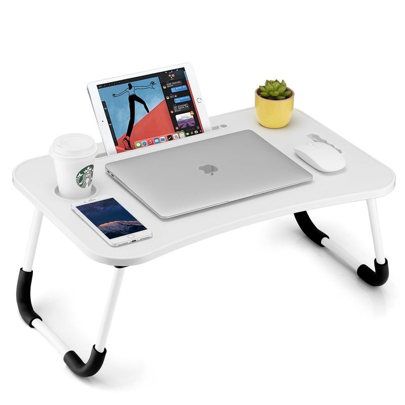FISYOD Foldable Laptop Table Portable Lap Desk Bed Table Tray Laptop Stand with Cup Holder  Tablet Slot  Lifting Handle for Working Writing Drawing  Eating White