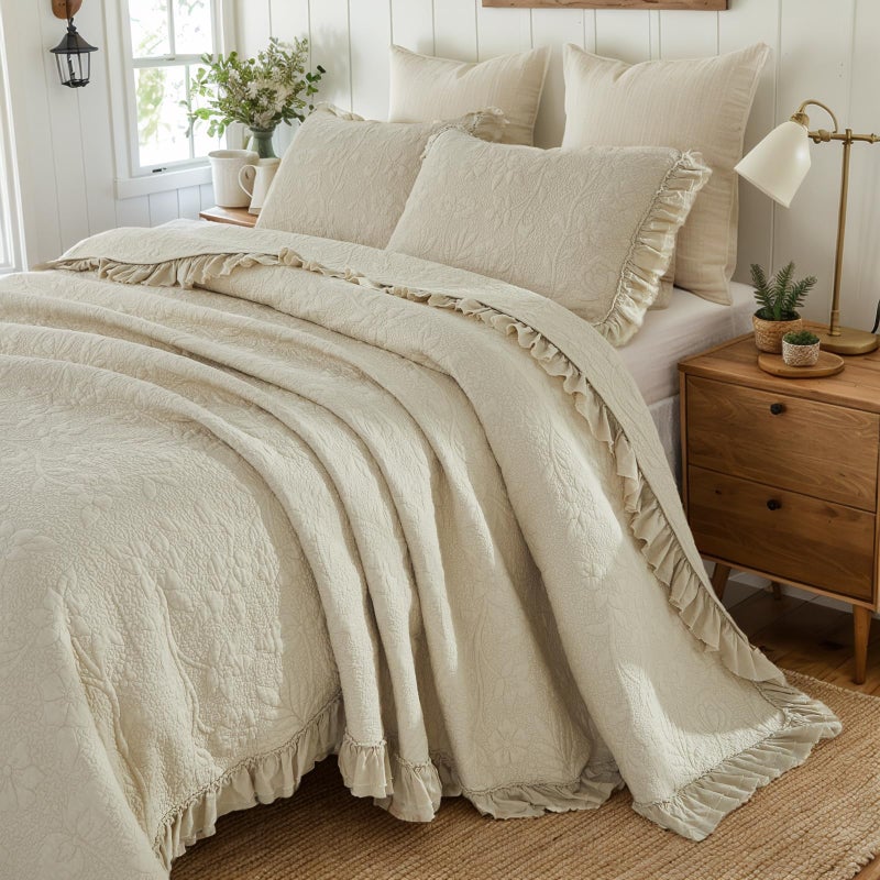 Brandream Luxury Cotton Quilt Set Queen Size Handcrafted Floral Vine Stitching Beige Ruffled Edge Bedspread Heirloom Quilt Bedding Set 3Piece - Image 2