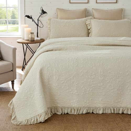Brandream Luxury Cotton Quilt Set Queen Size Handcrafted Floral Vine Stitching Beige Ruffled Edge Bedspread Heirloom Quilt Bedding Set 3Piece - Image 3