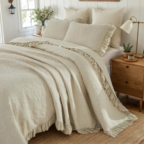 Brandream Luxury Cotton Quilt Set Queen Size Handcrafted Floral Vine Stitching Beige Ruffled Edge Bedspread Heirloom Quilt Bedding Set 3Piece - Image 1